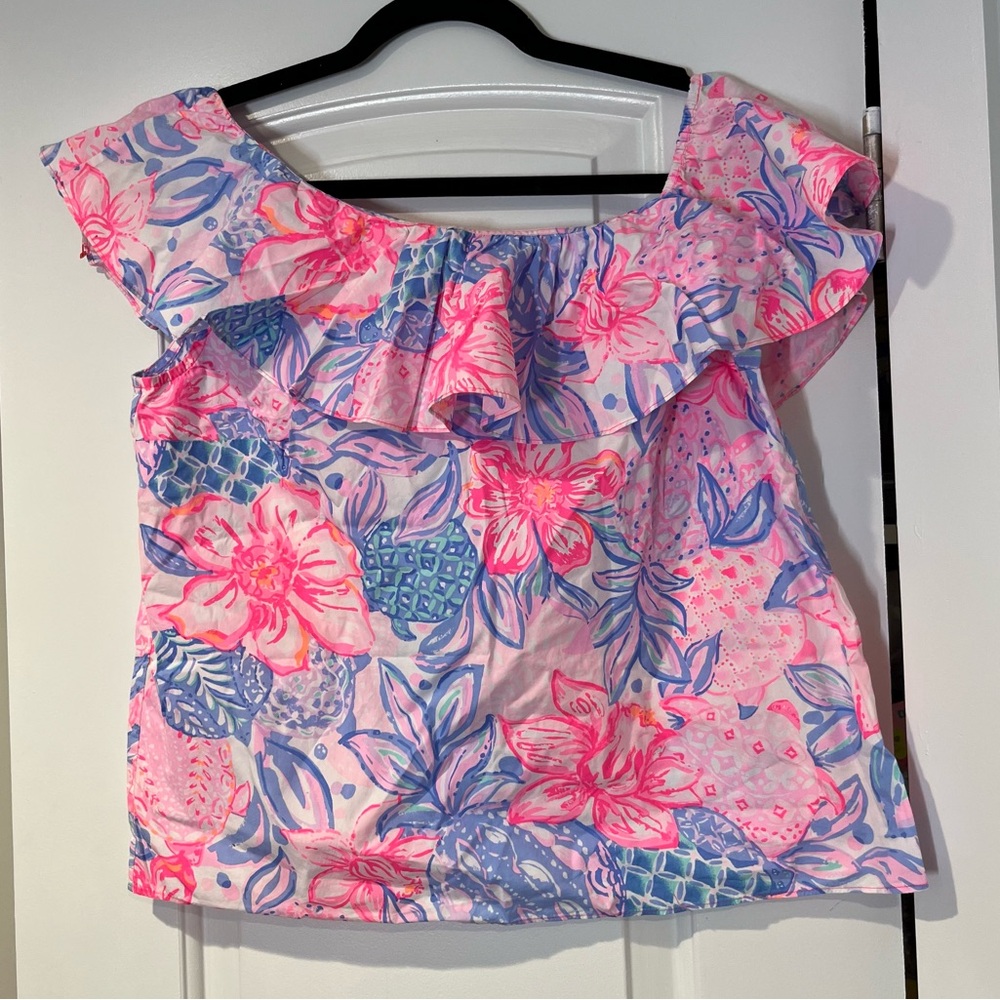 Lilly Pulitzer Ruffle Top Off Shoulders Size S Romantic Blouse Tropical Pink